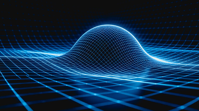 A 3D wireframe grid representing warped spacetime, illustrating gravitational distortion in physics research.