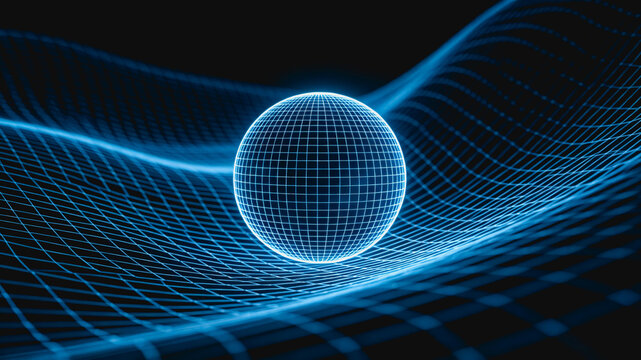 A glowing wireframe sphere rests on a curved digital grid wave, representing modern data and technology concepts.