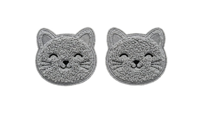 Fuzzy grey cat head embroidery patches featuring cute stitched expressions for clothing decoration or crafting projects isolated on transparent background