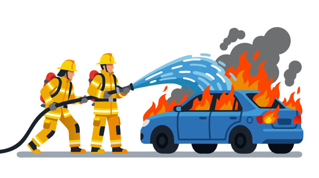 Two firefighters in yellow helmets and protective coats spraying water from hose onto burning blue family car, emergency rescue flat vector illustration with flames and smoke