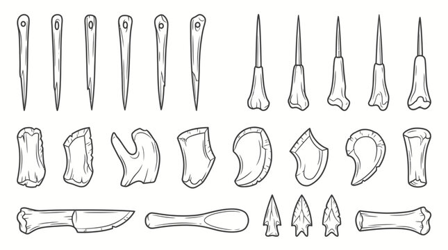 Vector illustration of ancient bone tools and artifacts including needles, awls, scrapers, knives, and arrowheads, depicting prehistoric craftsmanship.