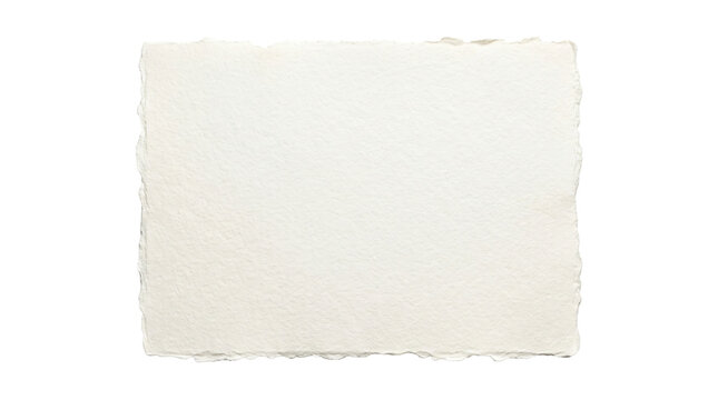 Rectangular sheet of thick white handmade watercolor paper with rough deckle edges displayed neatly positioned on transparent background