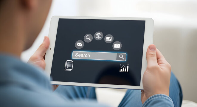 Person Using Tablet with Search Engine Bar and Digital Icons for Online Browsing