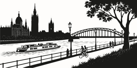 Fototapeta premium Black and white vector illustration of a gothic cathedral skyline with a riverboat and bridge over