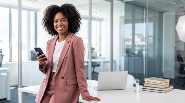 Smiling businesswoman holding smartphone in modern office, professional corporate portrait