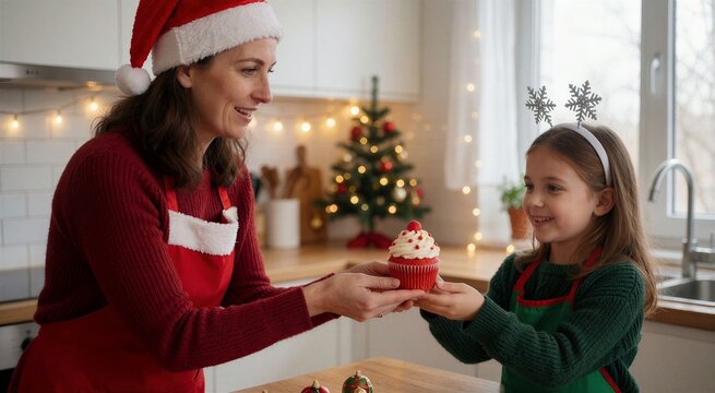 Mother and daughter decorating Christmas cupcakes in a cozy, warmly lit kitchen setting, sharing a sweet moment.