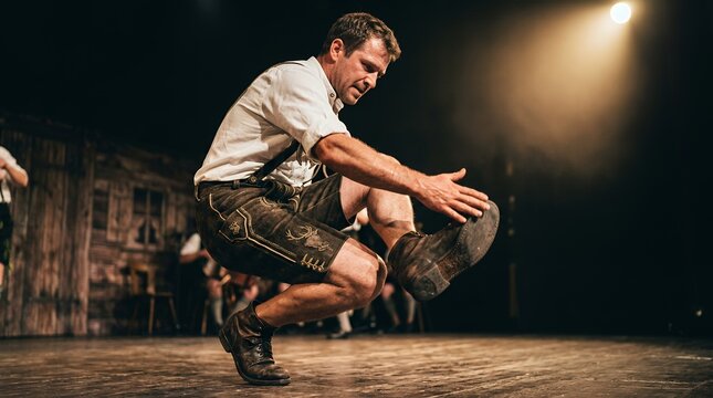 Bavarian Schuhplattler folk dancer performing traditional German dance on stage.
