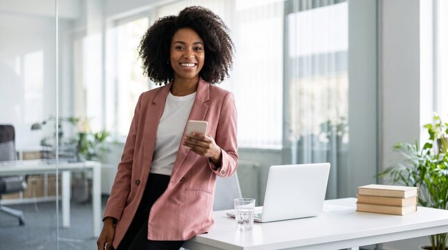 Smiling Black businesswoman holding smartphone in modern office