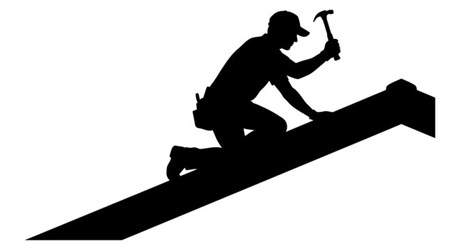 Roofer working on a pitched roof black silhouette on white background