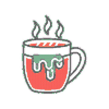 cross stich art of a steaming mug with melting topping