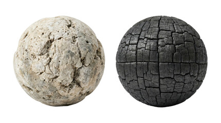 Realistic textured grey stone sphere and charcoal burnt wooden ball set isolated as natural spheres...