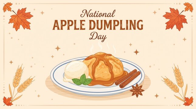 National apple dumpling day greeting card with illustration of a baked apple dumpling with ice cream and cinnamon
