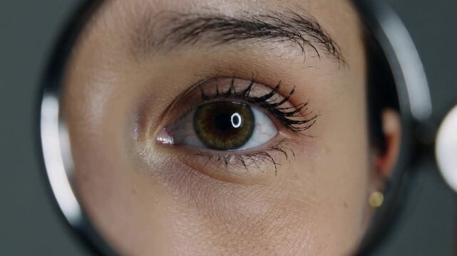 Opening woman's right eye in studio mirror, checking lashes and revealing ring light catchlight