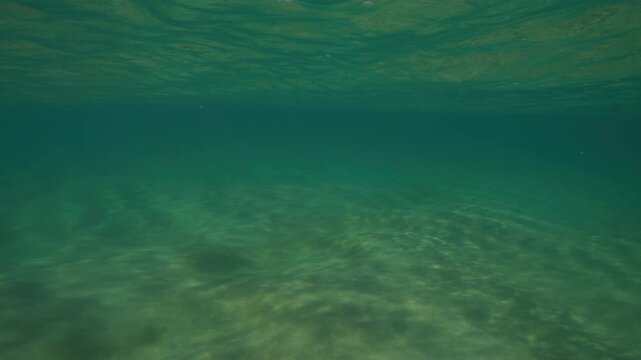 Clear turquoise water reveals a rippled sandy ocean floor beneath a softly illuminated surface, pulsating waves overhead