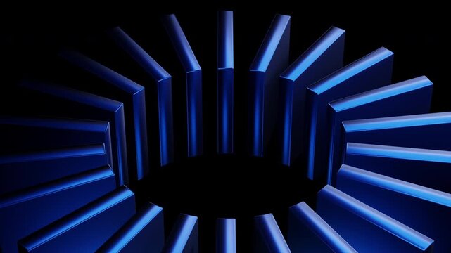 Blue abstract 3D ring of striped rectangular pillars creates a futuristic circular pattern with neon lighting. Sleek metallic surfaces, radial symmetry and glossy highlights convey motion