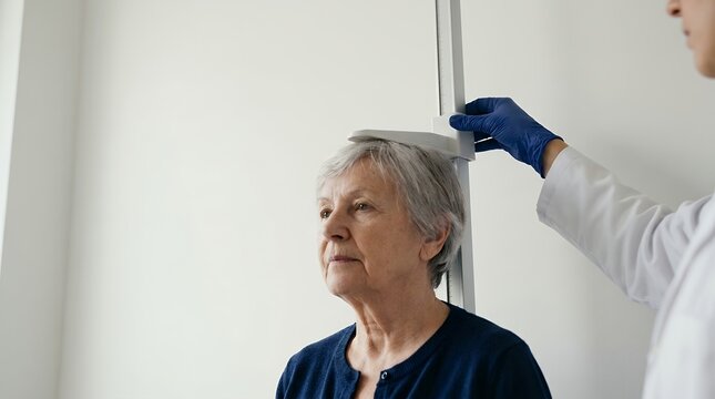 Doctor measuring height of senior woman with stadiometer for spinal health checkup.