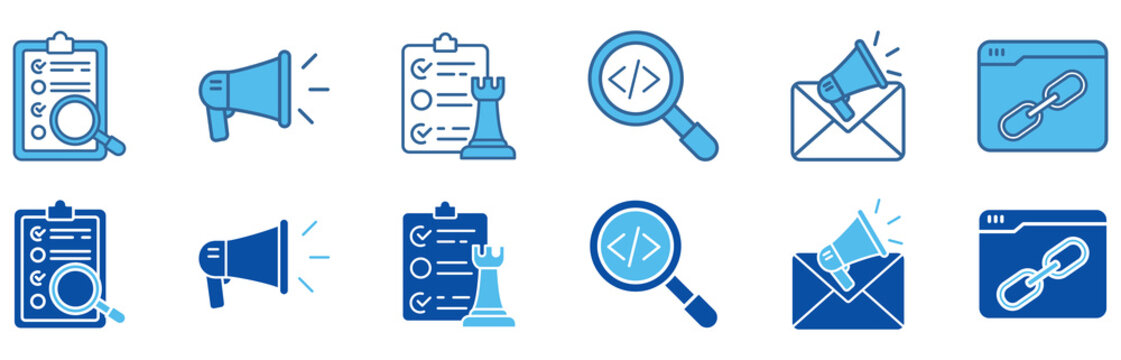 Seo marketing icon set In Blue Style. keyword research and email marketing vector illustration concept