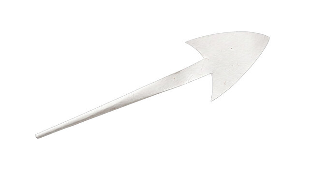 Silver arrowhead pointing forward in studio lighting with copy space isolated on transparent background