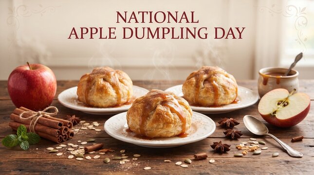 National apple dumpling day celebration with fresh baked apple dumplings, caramel sauce, and cinnamon sticks