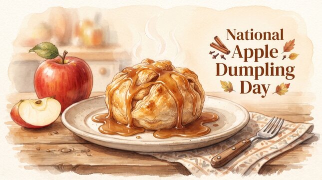 Watercolor illustration of a delicious apple dumpling with caramel sauce for national apple dumpling day