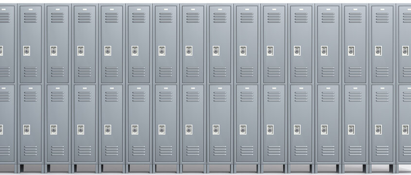 Gray metal lockers 3d in school corridor