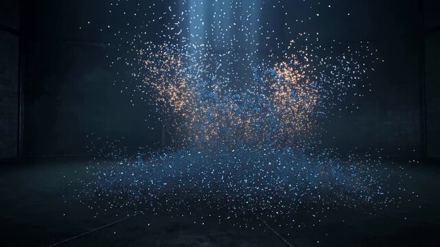 Descending blue column sparking orange clusters on central ring in dark chamber
