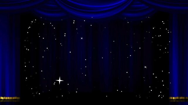 Elegant dark blue velvet stage curtains with gold trim hanging in a theater setting ready for a dramatic performance or grand opening
