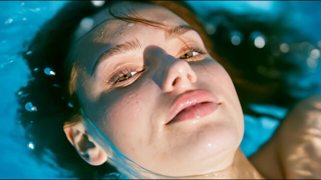 Close-up portrait of a woman floating peacefully in clear swimming pool water with closed eyes, sunlight reflections and a calm summer mood