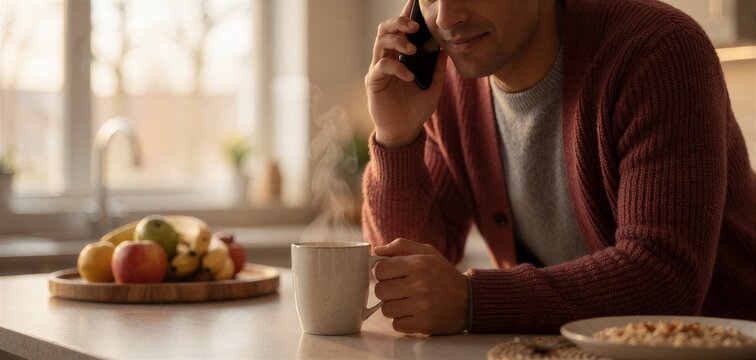 Man in red cardigan takes a call while enjoying holiday Christmas breakfast with coffee and fruit in a bright kitchen setting.