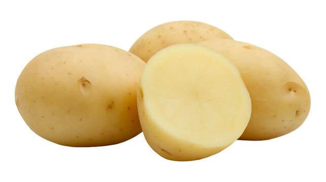 Fresh whole and halved yellow potatoes with smooth skin