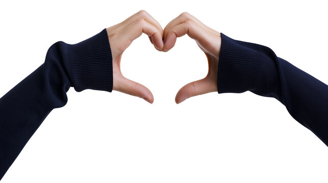 Hands forming a heart shape wearing long sleeved dark blue sweater