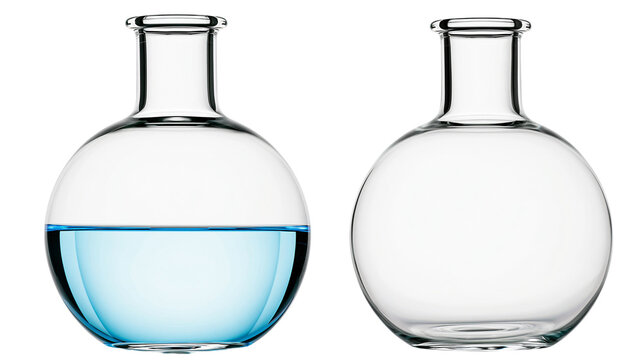 Two round bottom glass laboratory flasks with blue liquid and empty vessel