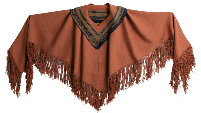 Rust orange woven wool poncho with decorative patterned collar and long fringe