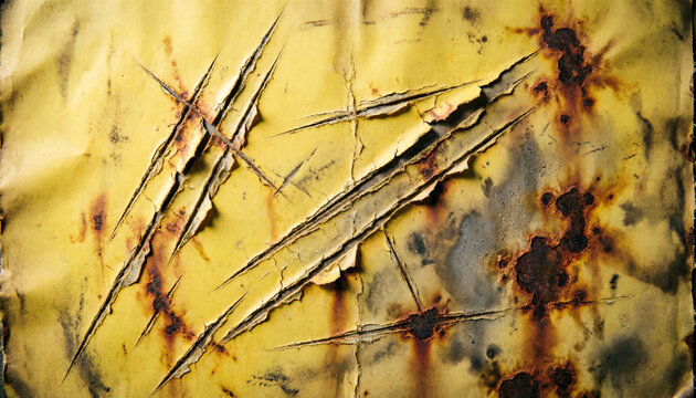 Distressed yellow metal texture with claw scratches and rusty stains / Textura de metal amarillo desgastado con ara&ntilde;azos de garras y manchas de &oacute;xido.