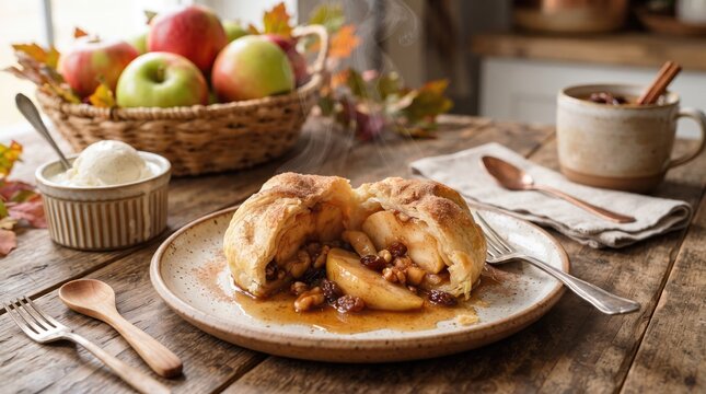 Warm baked apple dumpling with cinnamon, raisins, and nuts served on a rustic wooden table with ice cream