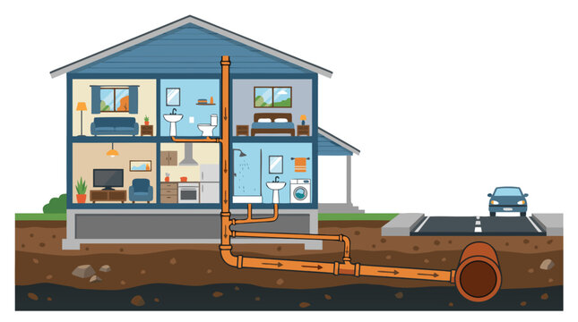 Cross-section cutaway illustration of a two-story residential house showing underground sewer pipes drainage system connecting to street main line infrastructure - detailed commercial stock imagery