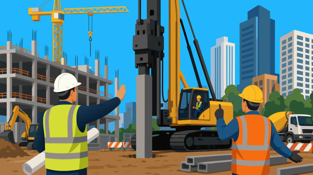 Two construction engineers wearing hard hats and high-visibility safety vests directing pile driver equipment at busy urban construction site with crane and city skyline detailed commercial stock