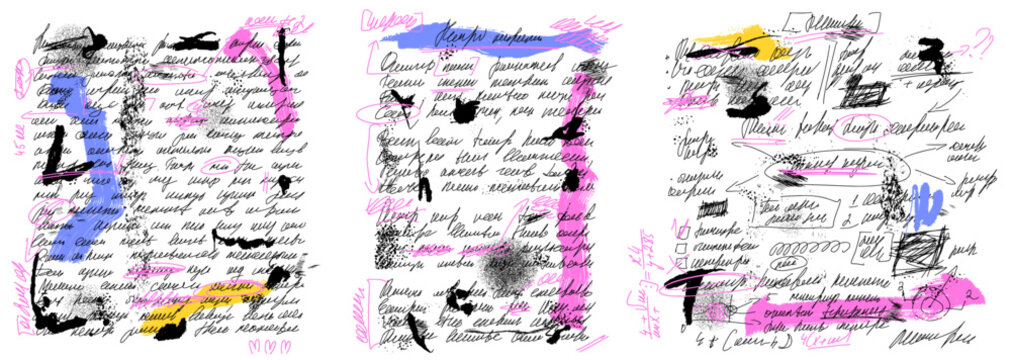Gibberish text set with vivid marker frames. Pink blue and yellow marks frame dense scrawl. Marginalia vector lettering pages with palimpsest mood for presentation slide or infographic layout or zine