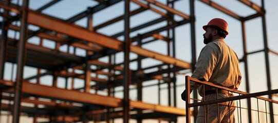 Fototapeta premium Construction supervisor observing multi - level steel framework from safety platform