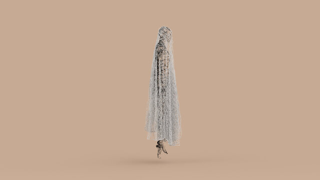 Abstract 3D Female Ghost Wire Tangled Figure for Halloween Concept - Abstract illustration of a mysterious female ghost formed from tangled black and white wires, perfect for Halloween concept