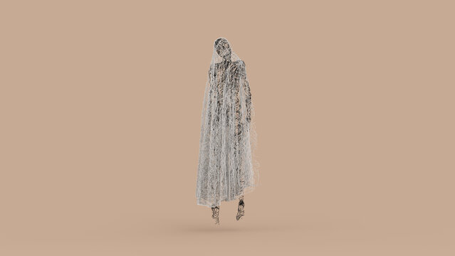 Abstract 3D Female Ghost Wire Tangled Figure for Halloween Concept - Abstract illustration of a mysterious female ghost formed from tangled black and white wires, perfect for Halloween concept