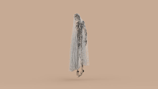 Abstract 3D Female Ghost Wire Tangled Figure for Halloween Concept - Abstract illustration of a mysterious female ghost formed from tangled black and white wires, perfect for Halloween concept