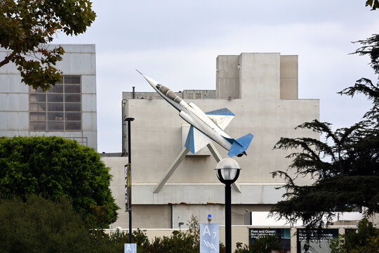 Los Angeles, California &ndash; June 27, 2026: Lockheed F-104D Starfighter displayed on exterior wall of California Science Center