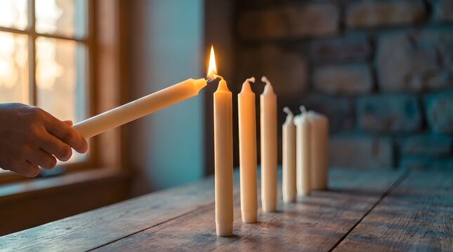 Person lighting row of taper candles using flame for romantic atmosphere and cozy home decor.
