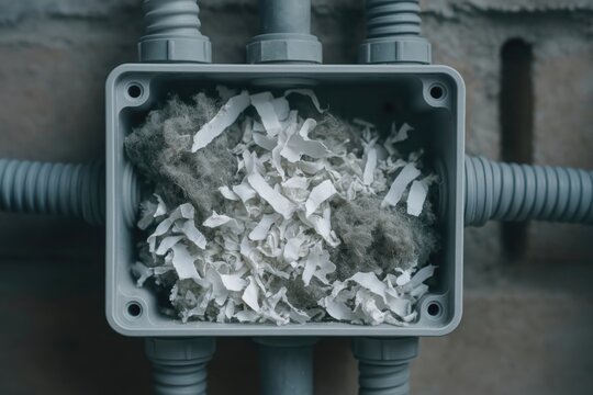 Open plastic electrical junction box stuffed with rodent nest debris and chewed insulation during house inspection