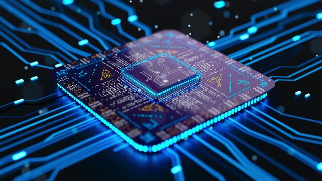 Seamless 3D loop of a glowing computer processor surrounded by digital circuit lines, ideal for themes of AI, semiconductors, big data and advanced technology.