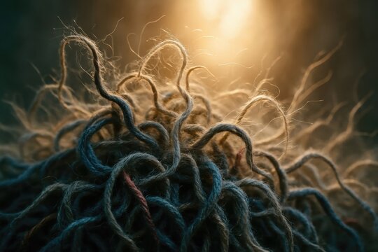 Macro close-up of tangled microscopic pathogen filaments or curly fibers under backlighting for science and research   
