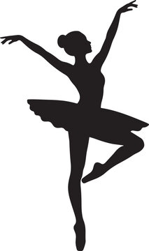 Black silhouette of a female ballet dancer posing gracefully in a tutu skirt, performing a dance move on a plain white background, also transparent background