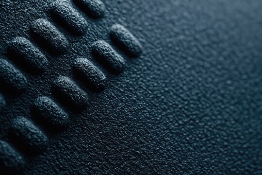 Macro close up of dark blue textured industrial rubber material with molded grip bumps for manufacturing and tool design   