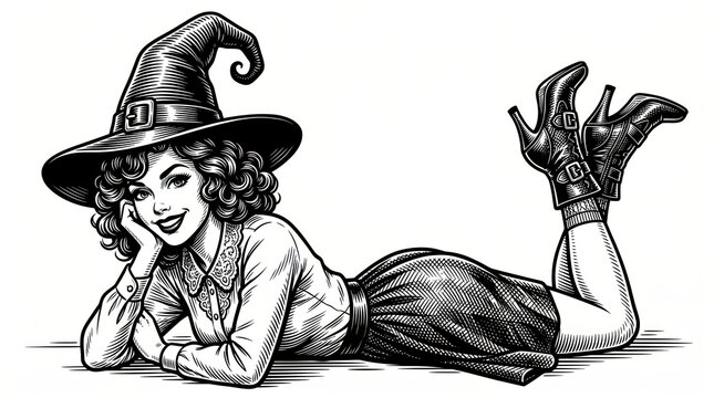 Playful smiling pin-up witch lying down in a classic pointed hat, rendered as a detailed black-and-white scratchboard engraving-style fictional character illustration.
